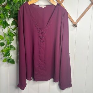 Skies are Blue Burgundy Cross Tie Front Blouse X-Large